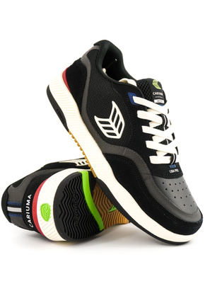 Cariuma Shoes - Uba Pro Black Suede And Mesh Ivory Logo Red Sneaker